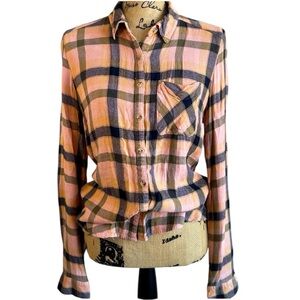 Maurices Chic Plaid Rayon Shirt in Peach and Olive